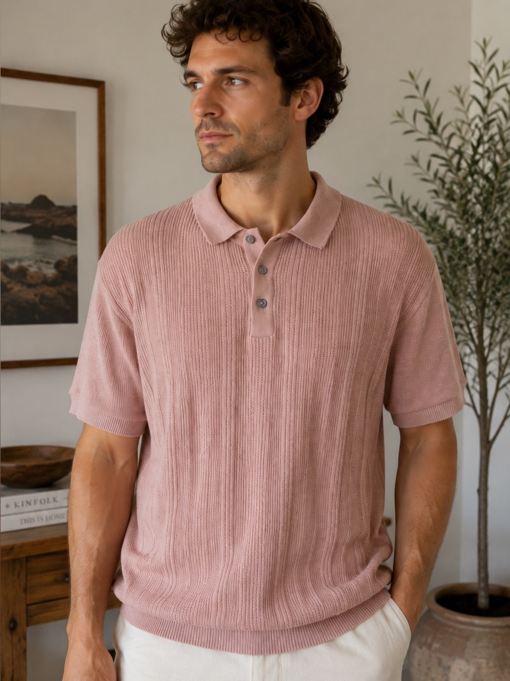 Point Zero Gold Pink Texture Knit Polo Shirt 100% Cotton Men XL Stretchy Coastal